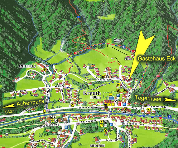 Ausschnitt aus der Ortskarte von Kreuth mit Kennzeichung der Lage des Gstehaus Eck und der Skilifte